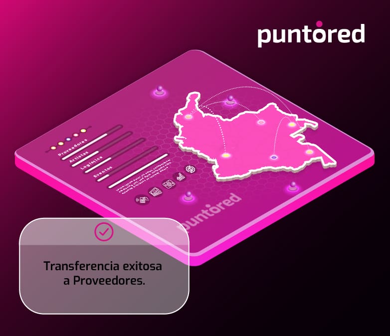 Ilustración de Puntored en tonos magenta con un panel digital y mapa de Colombia; aparece un mensaje de “Transferencia exitosa a proveedores”. Concepto: pagos masivos en entretenimiento para artistas, logística y aliados.